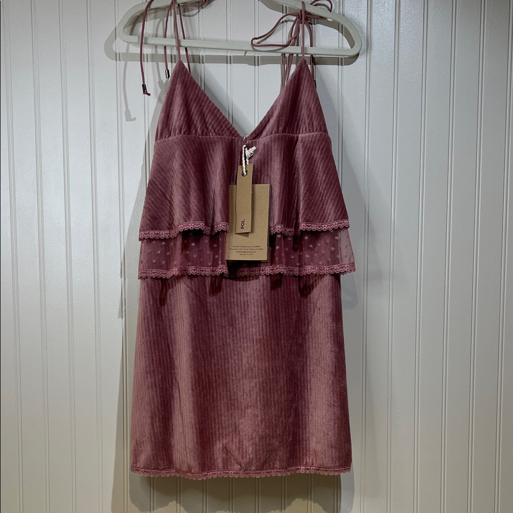 POL dusty pink layered lace adjustable straps Velvety Dress NWT